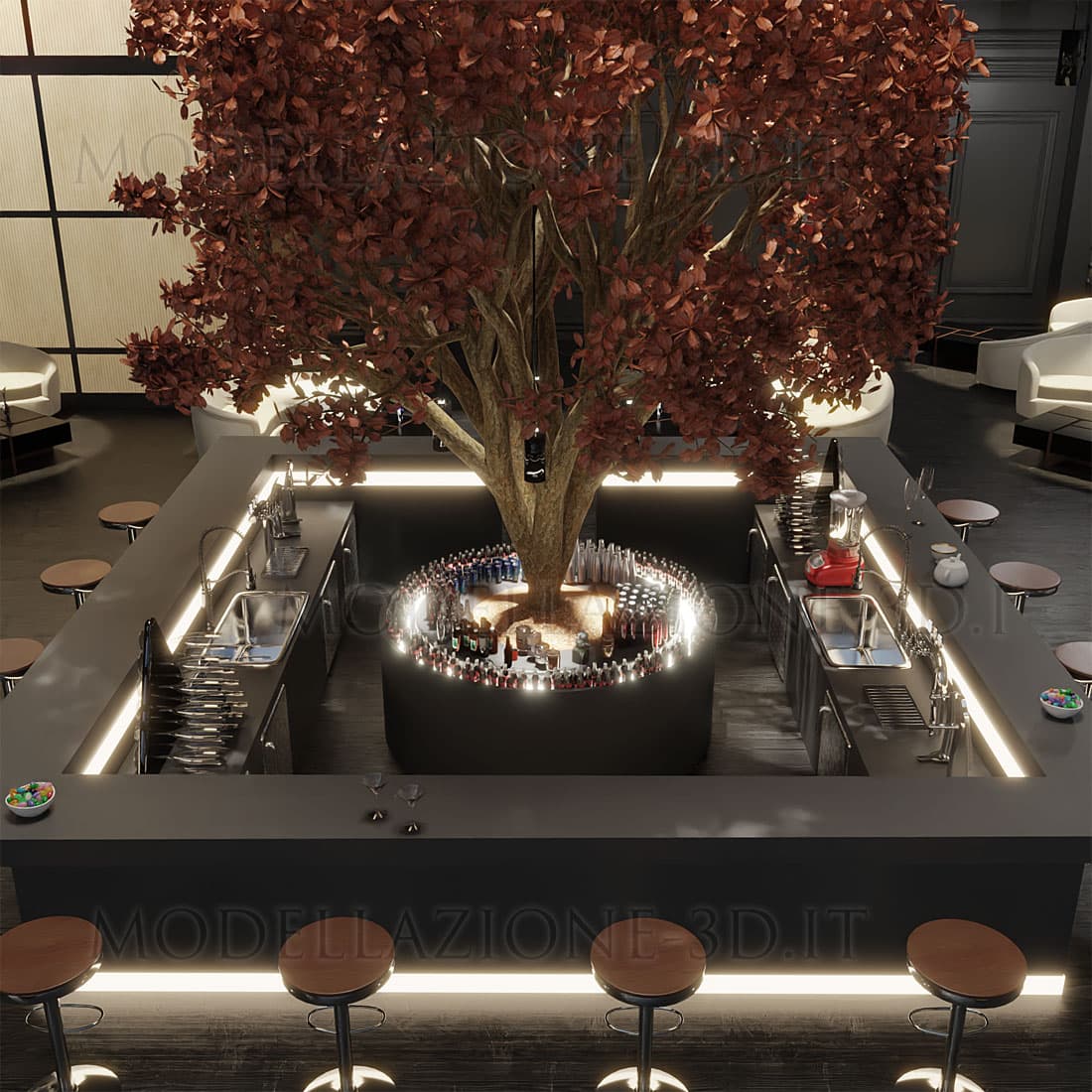 Lounge Bar concept con grandi vetrate ed albero ornamentale