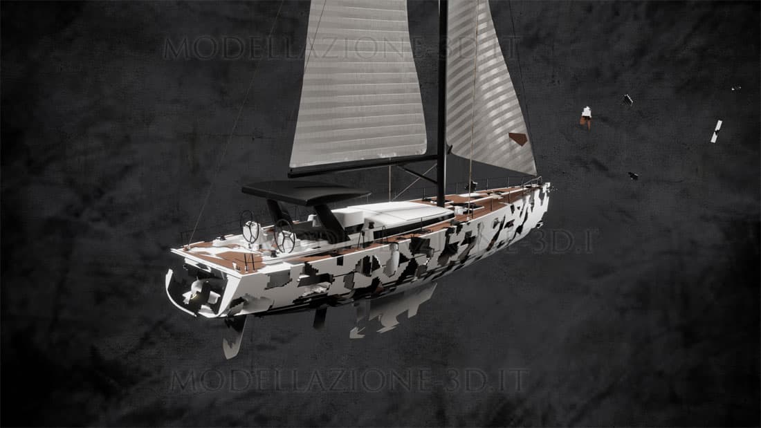 Animazione 3D yacht a vela in marea