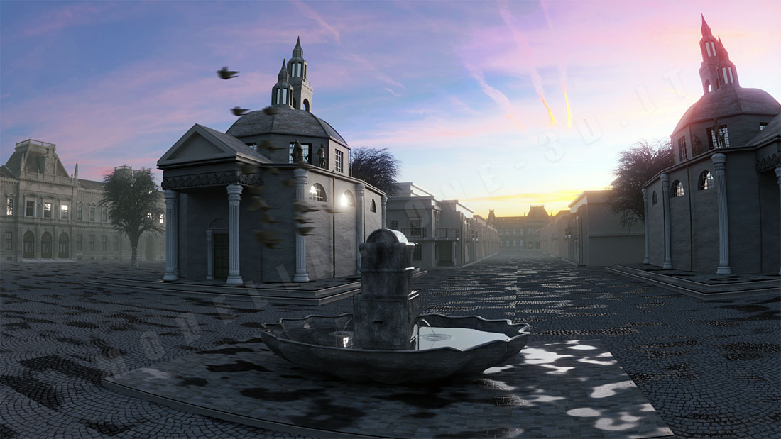 Chiese gemelle in ambiente cittadino con fontana e superficie  con pavè 3D