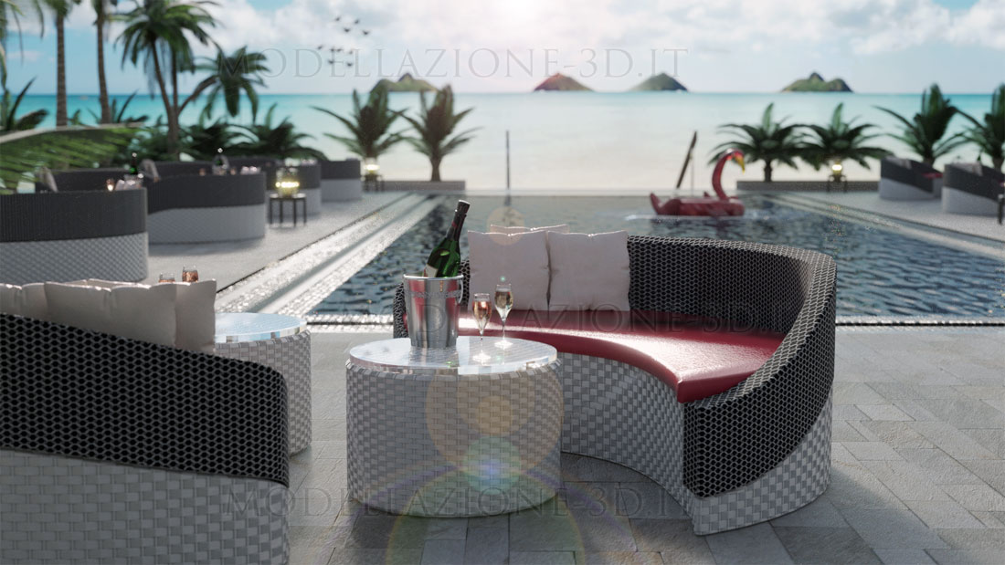 Ambientazione tavoli e divani per cocktail attorno a piscina sul mare