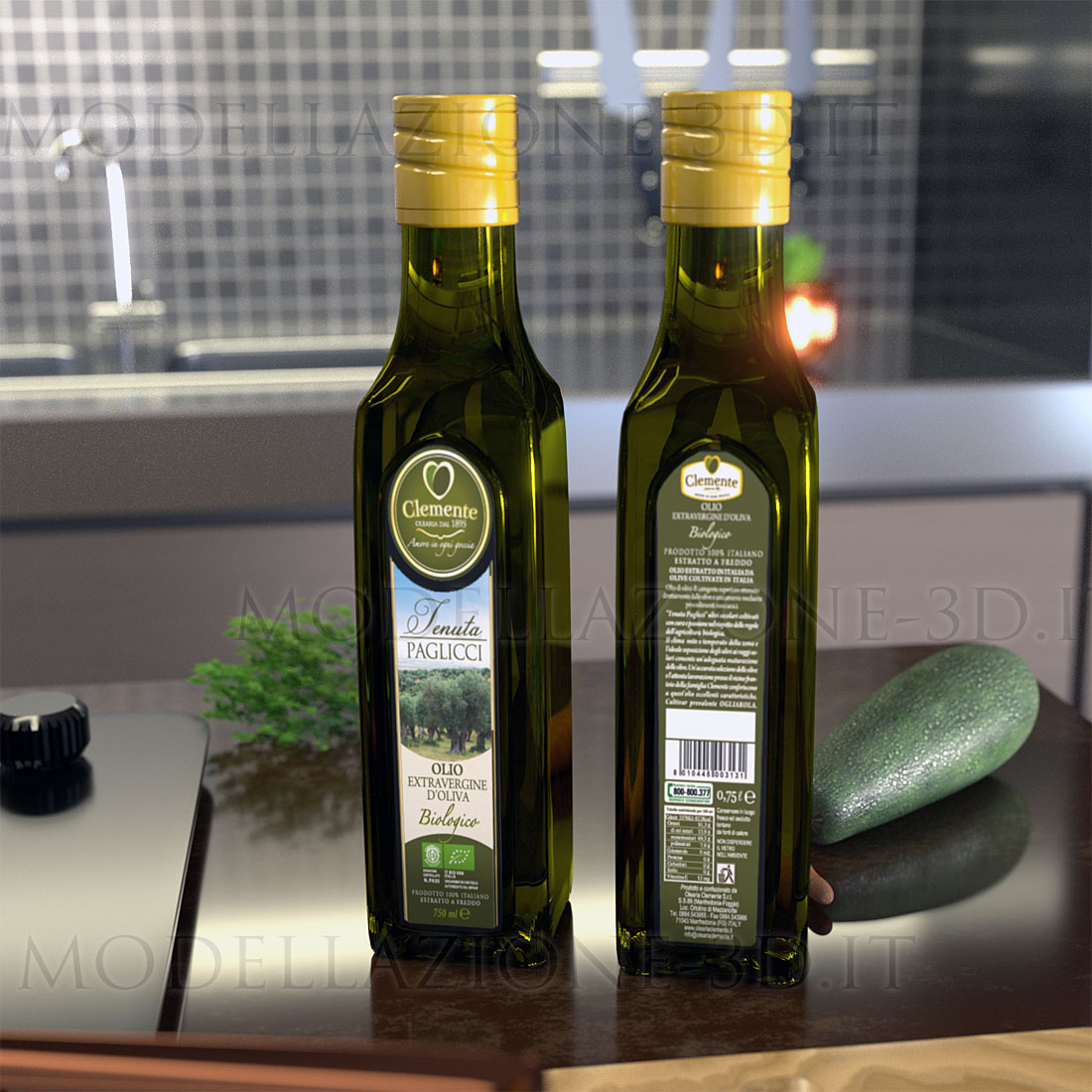 Packaging bottiglia di olio ed ambientazione in cucina moderna