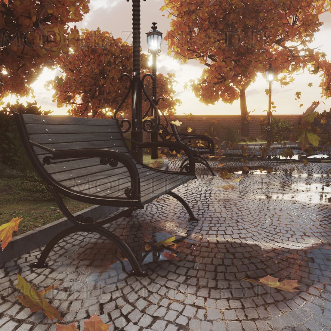Scena giardino pubblico in autunno con foglie al vento 3D