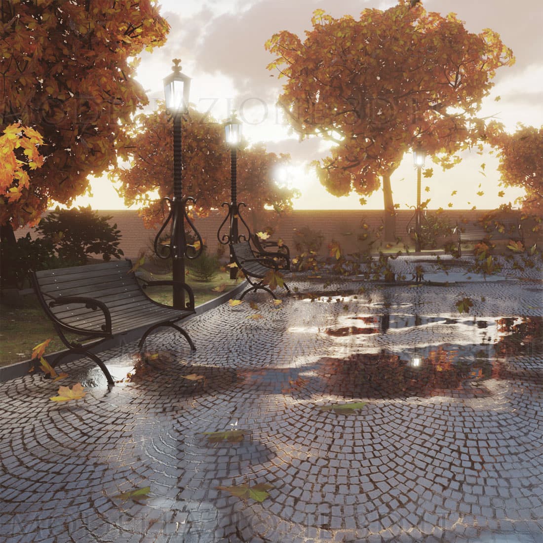 Scena giardino pubblico in autunno con foglie al vento 3D