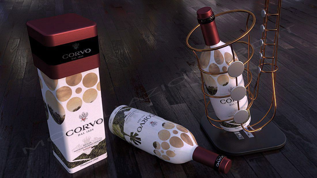 Packaging bottiglia di vino e scatola Corvo 3D modellazione render