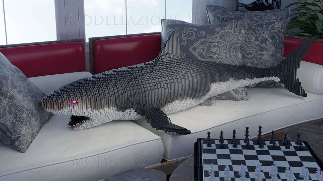 Animazione 3D con geometry nodes da squalo a peluche a modello Lego
