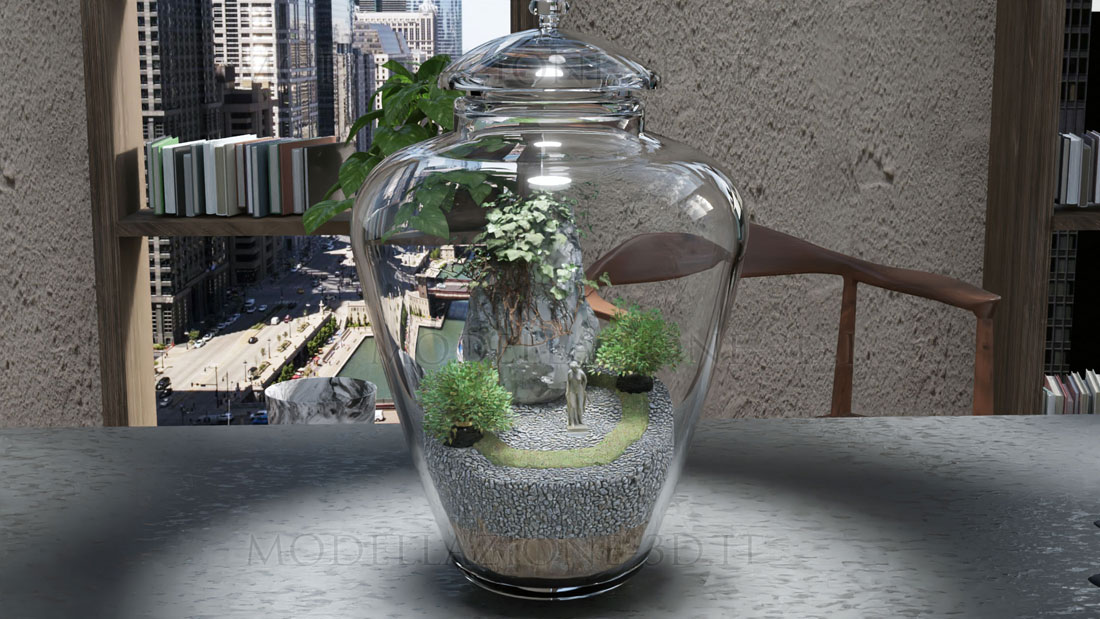 Design interni angolo appartamento su skyline con paesaggio ricreato dentro un vaso