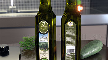Packaging bottiglia di olio ed ambientazione in cucina stile moderno